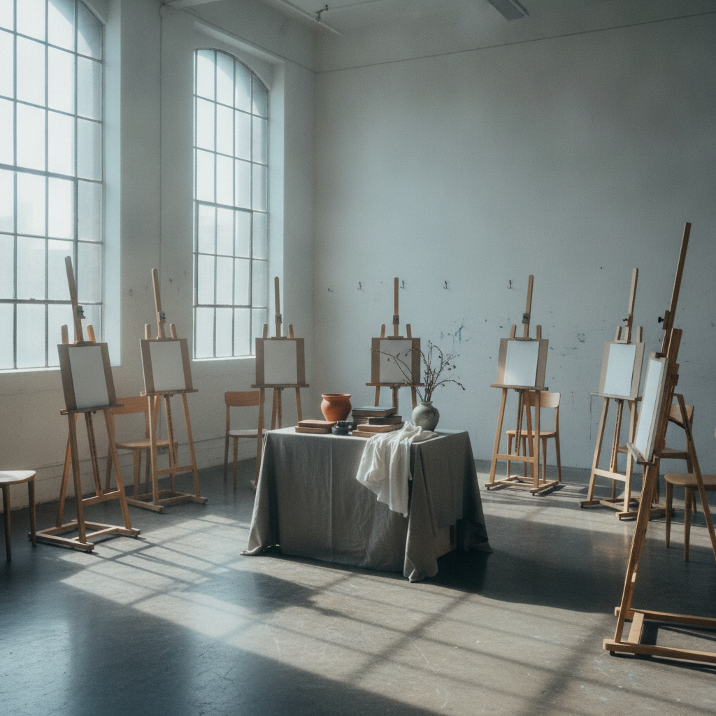 Wooden easels arranged in a semicircle facing a still life table in an empty teaching studio
