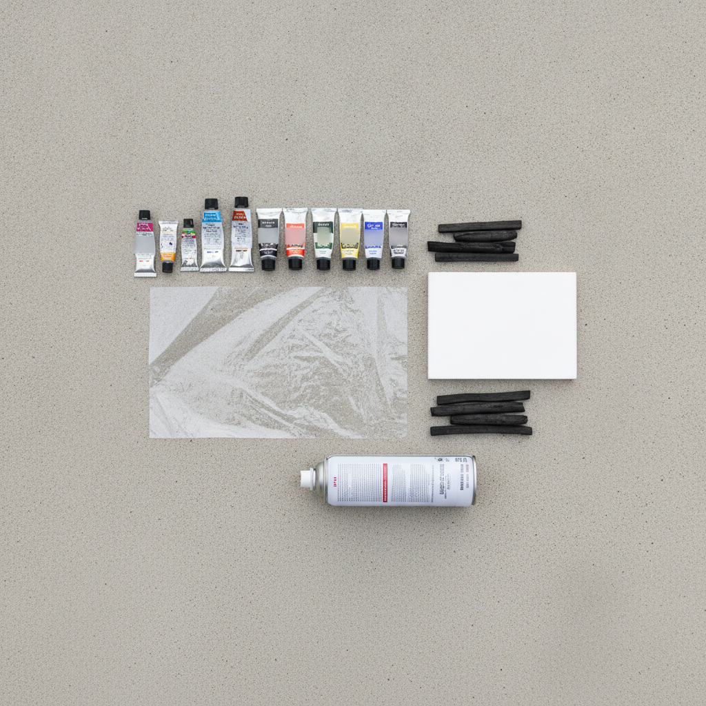 Assorted art materials arranged in rows on a pale concrete surface