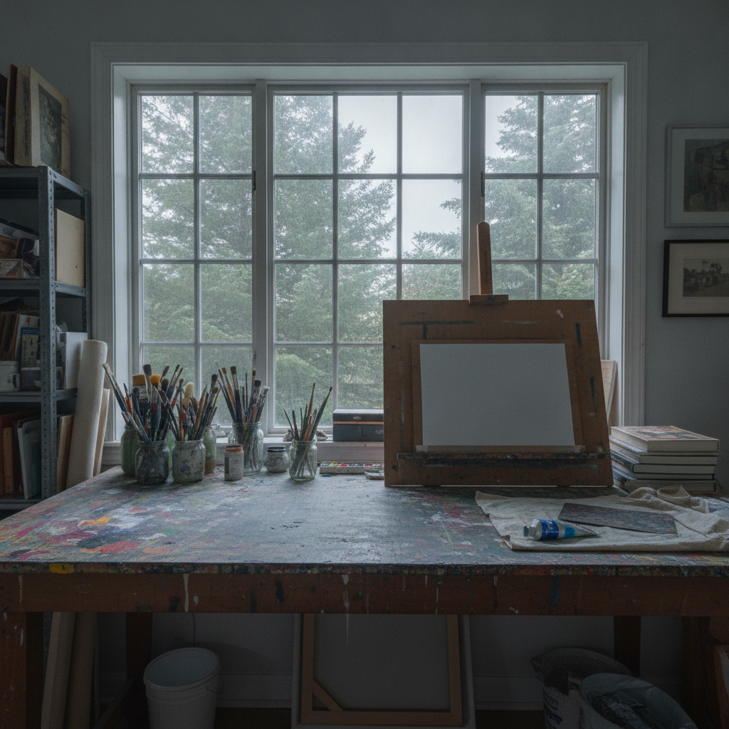 A paint-stained studio desk with jars of brushes beneath a north-facing window